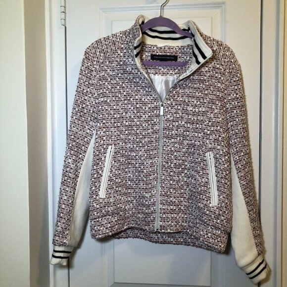 French Connection Zip Front Tweed Bomber Jacket White Red Size L EUC - Picture 3 of 16